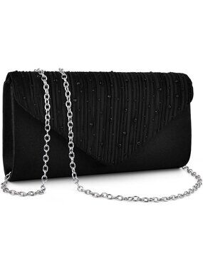 Women's Black Clutch Purse Metallic Wedding Prom Imported Evening Bag
